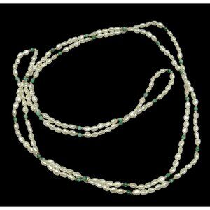 Elegant Faux Pearl Green Stone Extra Long Beaded Necklace